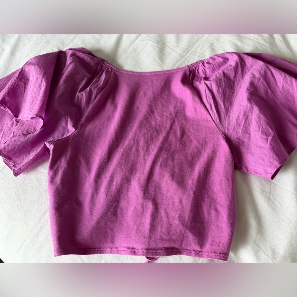 Maeve by Anthropologie Flutter Sleeve Crop Blouse in Purple Cotton Size XS - Picture 6 of 6